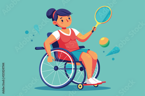 A young athlete in a wheelchair prepares to hit a tennis ball with a racket in a vibrant setting, Wheelchair tennis Customizable Disproportionate Illustration