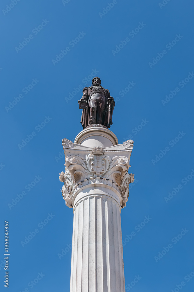 Column of Pedro IV (Coluna de Don Pedro IV) -King Peter IV of Portugal and Algarves monument in Rossio Square (1870). Pedro IV Statue sits atop a 23-metre column. Lisbon, Portugal.