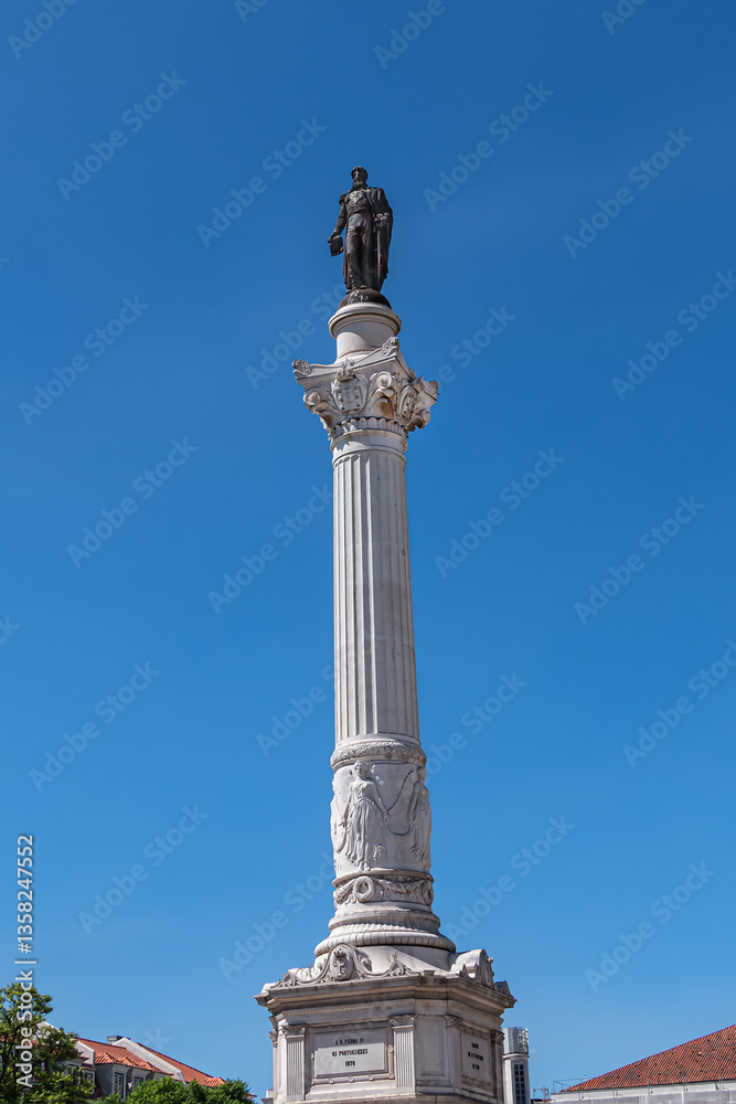 Column of Pedro IV (Coluna de Don Pedro IV) -King Peter IV of Portugal and Algarves monument in Rossio Square (1870). Pedro IV Statue sits atop a 23-metre column. Lisbon, Portugal.