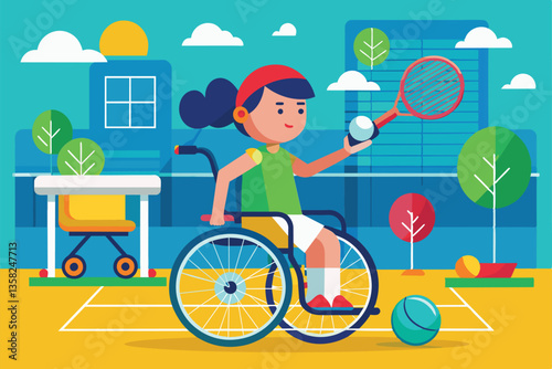 A young girl actively competes in wheelchair tennis, enjoying a lively day outdoors in the park, Wheelchair tennis Customizable Flat Illustration