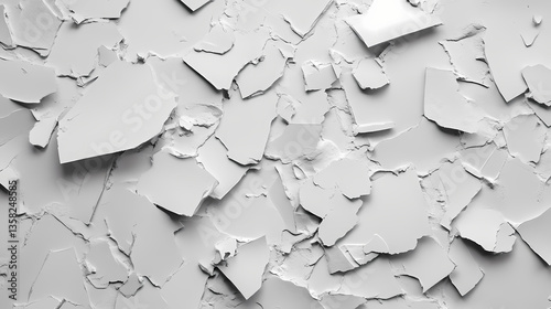 Detached white paint fragments reveal underlying grey color details. Monochrome Fragments. Illustration
