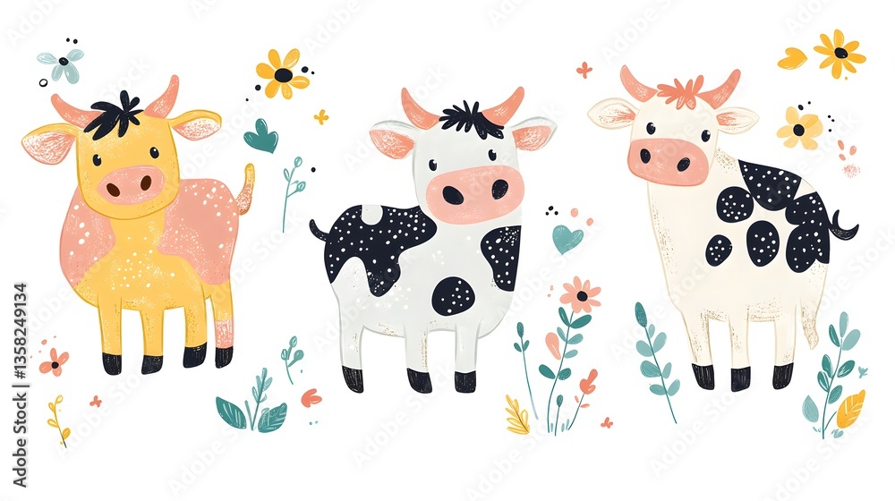 Obraz premium Set of Three Cards Featuring Various Cute Cows for Design Projects