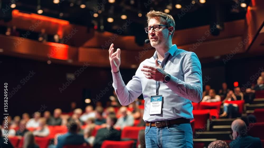 A man giving a presentation on a stage, speaking to a large audience.