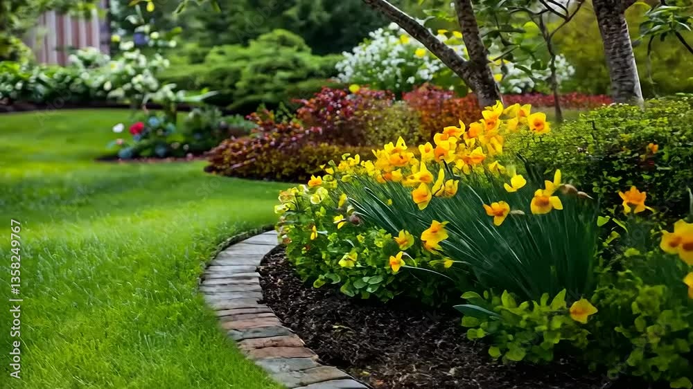 Vibrant garden scene featuring blooming daffodils along a curved pathway in a lush backyard setting Vibrant garden scene featuring blooming daffodils along a curved pathway in a lush backyard setting
