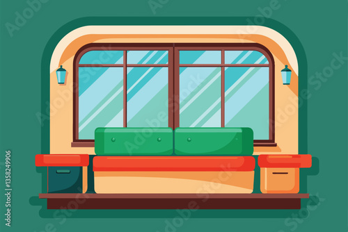 A bright and inviting window seat designed with colorful cushions, perfect for relaxation and enjoyment, Window seat Customizable Flat Illustration