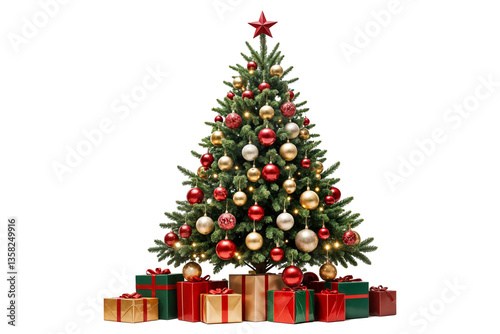 decorated christmas tree with presents for new year isolated on png transparent background árbol de navidad decorado con regalos de año nuevo aislado en png fondo transparente yılbaşı çam ağacı