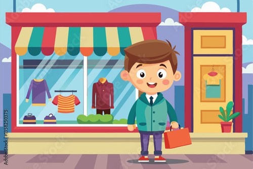 A young boy stands smiling outside a vibrant store, admiring the trendy clothes displayed in the window, Window shopping Customizable Cartoon Illustration