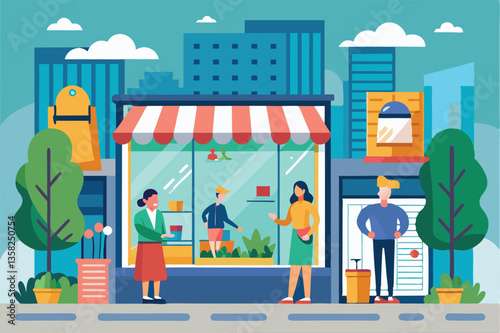 A vibrant street scene features shoppers interacting with a storefront showcasing unique items, Window shopping Customizable Disproportionate Illustration