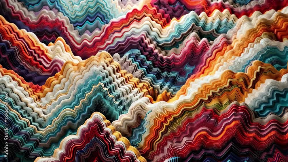 Colorful zig zag patterns create a vibrant display with layered hues and textures resembling abstract landscapes, inviting creativity and imagination for contemporary art lovers