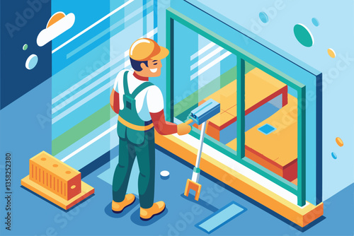 A window washer is diligently cleaning glass panels of a contemporary building under a clear blue sky, Window washer Customizable Isometric Illustration