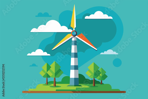 A vibrant wind turbine stands amidst stylized trees and clouds in a cheerful environment, Wind turbine Customizable Disproportionate Illustration