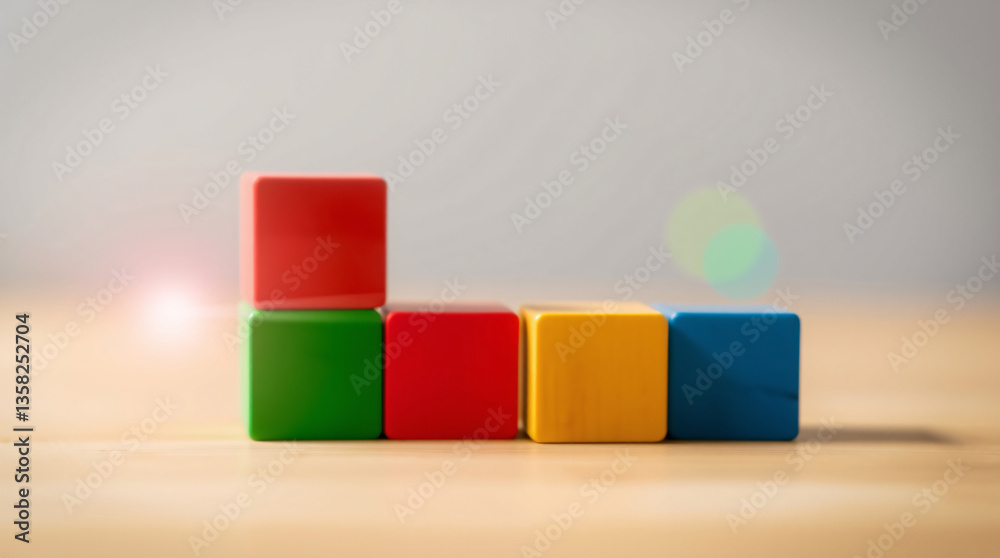 Obraz premium Blocks, colorful, wooden, stacked, playful, educational, toys, kids, children, building, constructing, creating, learning, fun, bright, vibrant, primary colors, red, blue, green, yellow, orange, natur