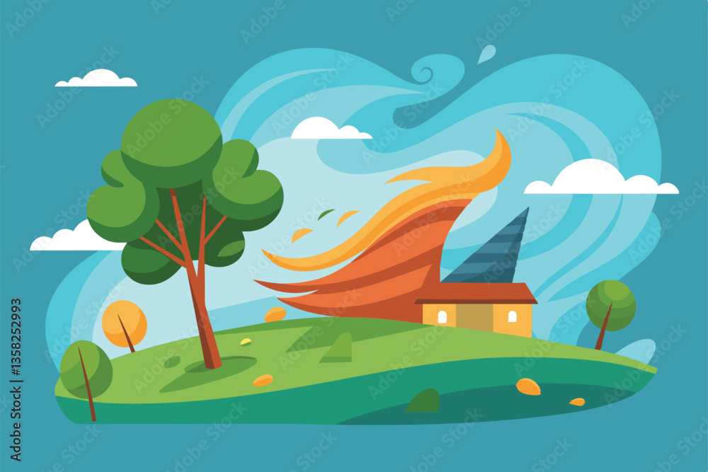 Obraz premium A colorful landscape showcases a tree and a building on a windy day with leaves swirling in the air, Windy day Customizable Semi Flat Illustration