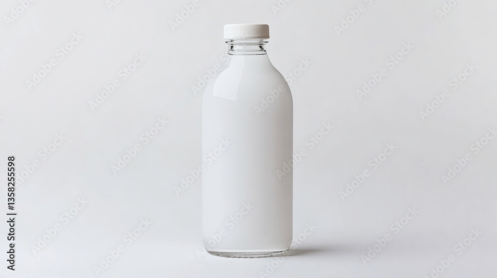 Minimalist white liquid in glass bottle isolated on clean white background Minimalist white liquid in glass bottle isolated on clean white background