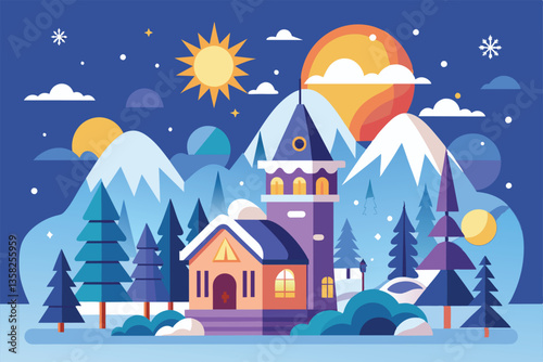 A vibrant winter solstice scene features a quaint house surrounded by snowy mountains and tall pine trees, Winter solstice Customizable Flat Illustration