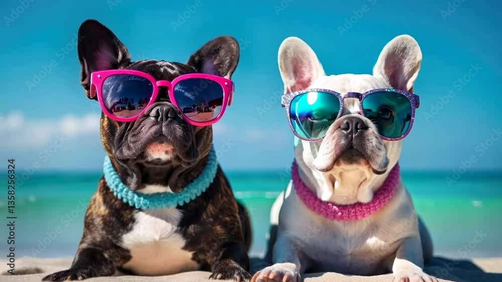 Two French Bulldogs in colorful sunglasses sit on a beach, captured from a low angle. The playful style suits a fun summer video theme.