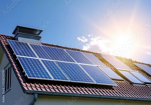 Photo of solar panels on the roof on a sunny day, a photovoltaic installation and a modern house with a red tile roof, the sun shining through the sky, against a blue background.