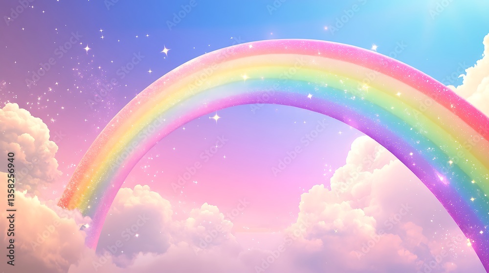 Magical rainbow arc surrounded by soft clouds and shiny stars image Magical rainbow arc surrounded by soft clouds and shiny stars image