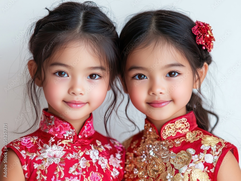 Two adorable Asian girls in matching red dresses, smiling at the camera Two adorable Asian girls in matching red dresses, smiling at the camera