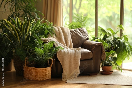 Cozy armchair surrounded by plants, sunlit room, resting place photo