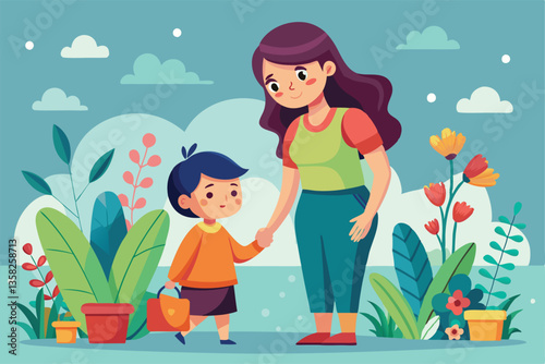 A woman and child share a joyful moment while exploring a vibrant garden with blooming flowers, woman and child spending time together, Horizontal, full-length vector illustration