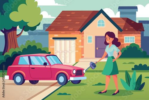 A woman in a green skirt backs her red car into the driveway of a cozy suburban home on a bright day, woman backing up to a drive