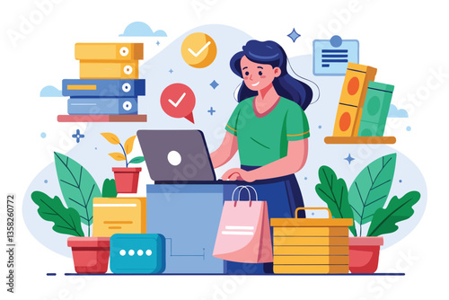 A woman is engaged in online shopping at her desk, surrounded by various items and plants in her workspace, woman buying goods in shop online transfer