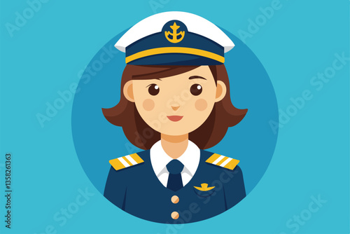 A cheerful woman captain wears a navy uniform and cap, standing confidently with a vibrant blue backdrop, Woman captain Customizable Flat Illustration