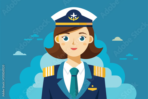 A confident woman captain in aviator uniform poses against a blue sky, showcasing her authority, Woman captain Customizable Semi Flat Illustration