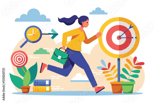 A woman hurries with a briefcase, focused on reaching her task before the deadline, surrounded by plants, woman chasing deadline task target