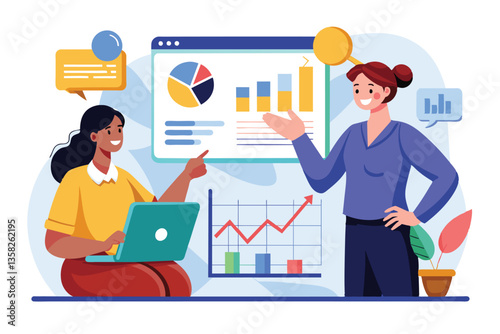 A woman coach provides insights on statistics and data to an employee while analyzing graphs and charts, Woman coach explaining statistics to employee, graph, marketing
