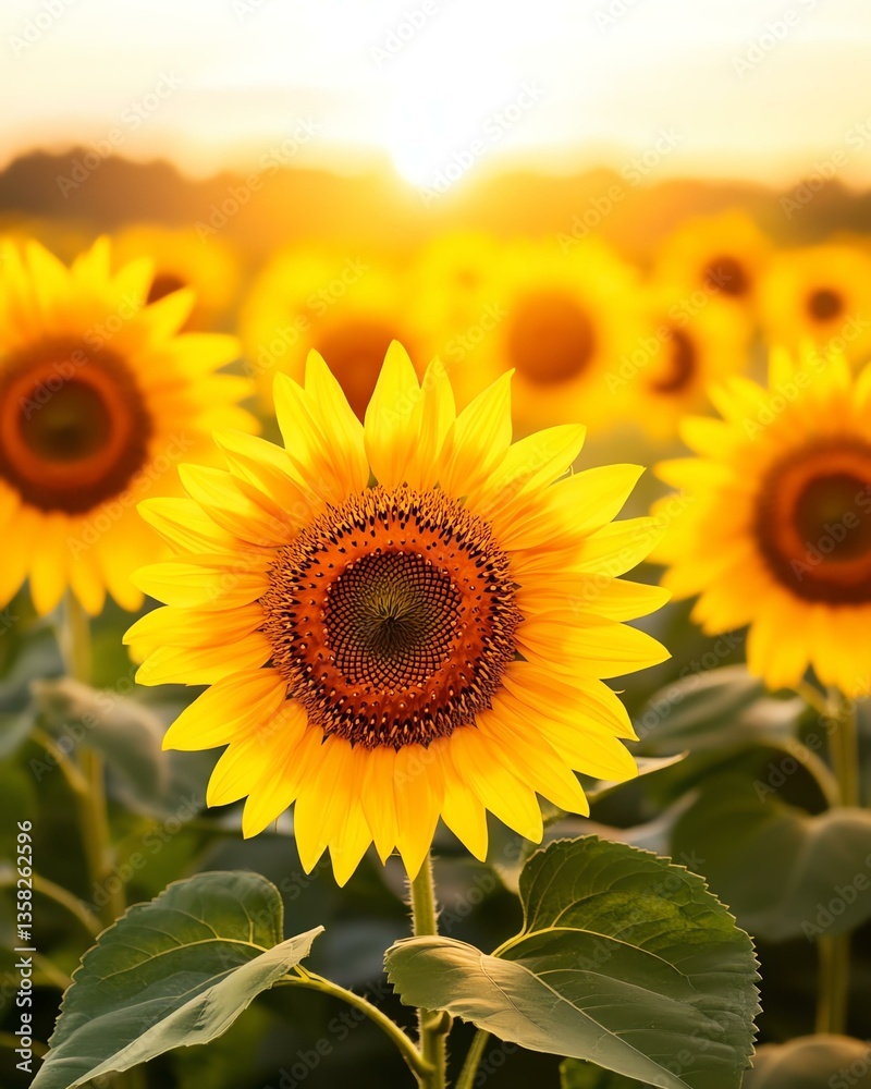 Obraz premium Breathtaking Golden Sunflower Field for Nature Lovers. Stunning Golden Sunflower Field with Warm Glow. Vibrant sunflower field at sunset