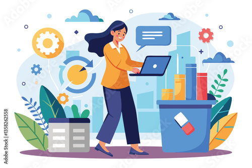A woman actively deletes unnecessary digital data on her laptop in a busy office setting, Woman deleting data concept,