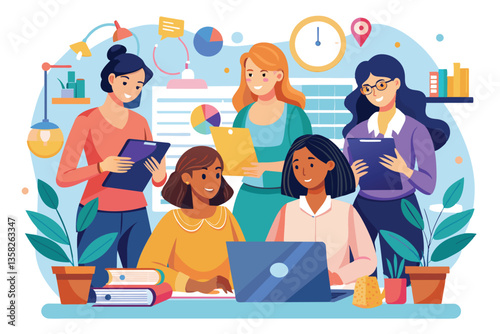 A woman collaborates with colleagues, discussing projects while working on a laptop in a bright office, Woman doing business work as a team
