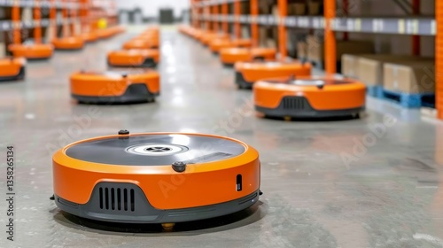 Robots navigate a warehouse, automating tasks. Orange and black robot fleet. Industrial logistics