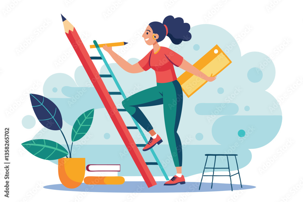 Fototapeta premium A woman sketching a ladder with a pencil while engaging with her creative environment, Woman draws ladder with pencil and climbs up it,