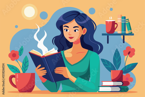 A woman relaxes with a warm cup of coffee as she immerses herself in a book, woman holding a cup of coffee and reading a book
