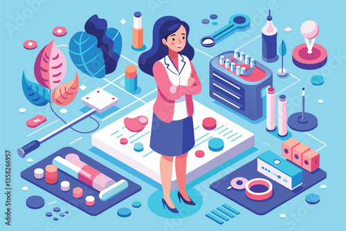 A woman stands among vibrant illustrations of fertility and reproductive health, showcasing possible solutions, Woman infertility Customizable Isometric Illustration