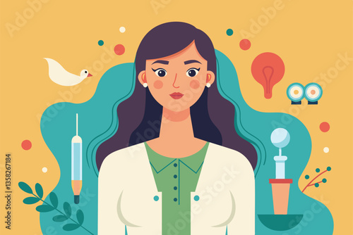 A woman is depicted reflecting on her journey through infertility, surrounded by supportive symbols, Woman infertility Customizable Semi Flat Illustration