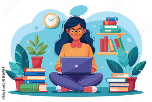 A woman sits cross-legged on the floor with a laptop, surrounded by books and plants, creating a studious atmosphere, woman in front of a laptop sitting with books on online learning