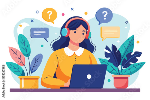 The woman in headphones focuses on her laptop while participating in an online discussion at home, Woman in headphones with laptop answer to questions from clients,