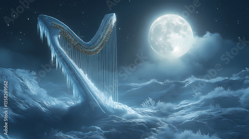 A frozen harp made entirely of ice, delicate strings glowing with refracted light, set in an ethereal snowy landscape under a pale full moon. Haunted Refraction. Illustration