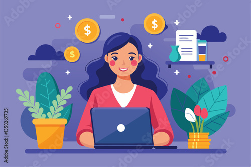 A woman uses her laptop at home to invest money online, focusing on her financial future and growth, woman is investing using money online using a laptop