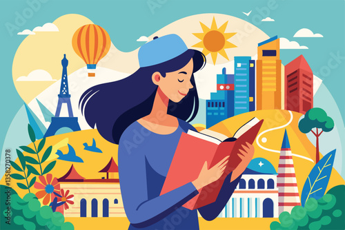 A woman enjoys reading a book while surrounded by a colorful urban landscape and sunshine, Woman is reading a guidebook