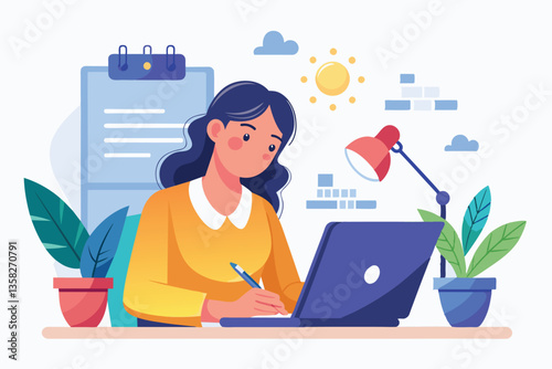 A woman focused on her work, writing notes while using a laptop in a well-lit workspace, woman is working on a document on a laptop
