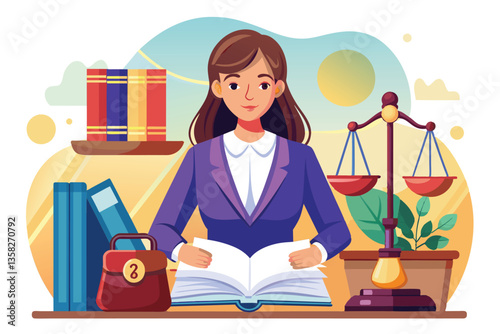 A woman engages deeply with a court law book while sitting at a desk, concentrating on her studies, Woman is studying court law book