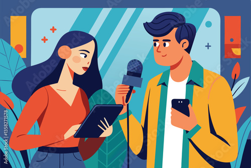 A woman looks at a smartphone as a man speaks into a microphone in a lively, colorful environment, Woman look at smartphone screen to man with microphone,