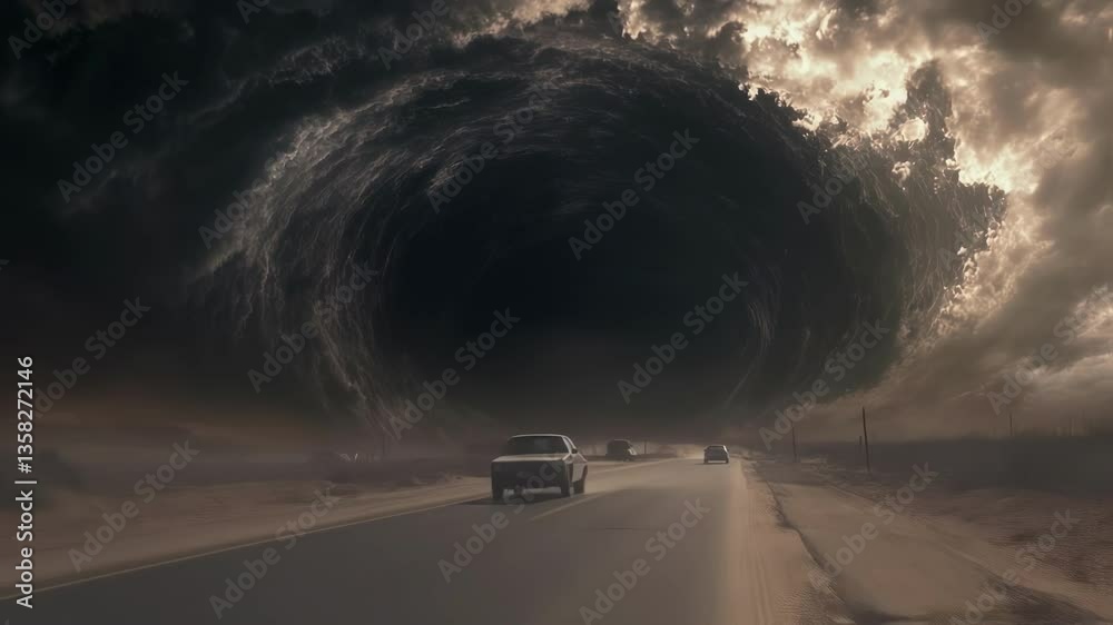 A desolate stretch of road is engulfed by the black void leaving behind a twisted tableau of road signs and vehicles caught in the moment of disappearance. Shadows dance around the