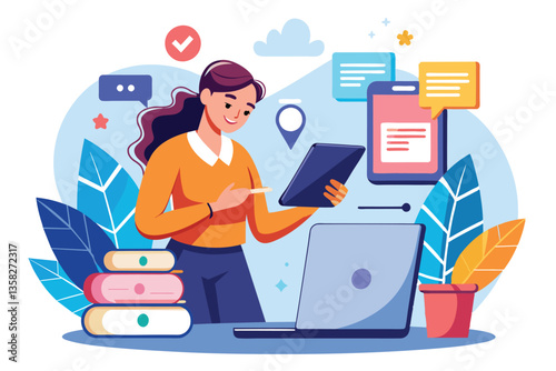 A woman uses a tablet to move files from her laptop to her smartphone in an engaging work environment, woman moving files from laptop to smartphone trending