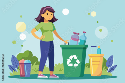 A woman stands by a recycling bin, disposing of plastic bottles while enjoying a day outdoors, Woman near trashcan with plastic bottles,